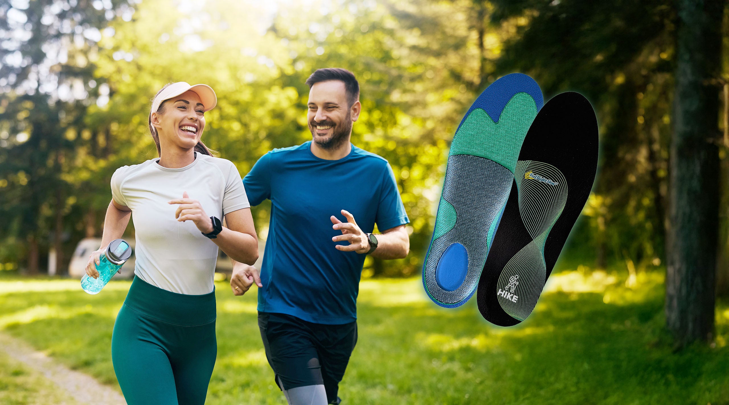 Eine Sportlerin und ein Sportler, die im Park joggen gehen. Im Bild ist auch eine unserer Einlegesohlen zu sehen